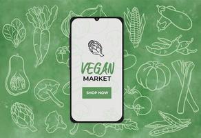 veganes Lebensmittelmarktbanner mit Smartphone