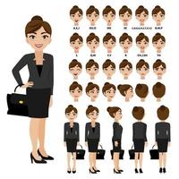 Zeichentrickfigur mit Geschäftsfrau im Anzug für Animation. vorne, seitlich, hinten, 3-4 Ansichtszeichen. getrennte Körperteile. flache Vektorillustration.