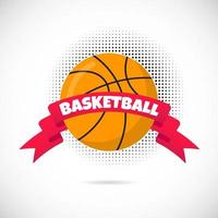 Orange Basketball Ball Flat Style Design Equipment Poster Vector Illustration mit Basketball-Rundball-Symbolzeichen, großem rotem Band und Textraum und gepunktetem Halbton isoliert auf weißem Hintergrund.