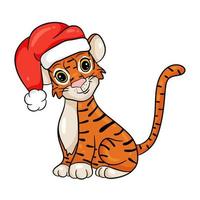 Tiger in Hut und Weihnachtsmann-Kostüm. Symbol des neuen Jahres nach chinesischem oder östlichen Kalender. bearbeitbare Vektorgrafik, Cartoon-Stil vektor