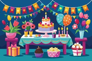en festlig födelsedag fest tabell miljö med en två skikt kaka, ballonger, blommor, och presenterar. vektor