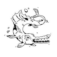 illustration av en tecknad fisk. vektor. linjär ritning för en tatuering. företagsmaskot för företaget. illustration för t-shirt. en fruktansvärd monsterfisk, vrider och flinar, tandig maw. vektor