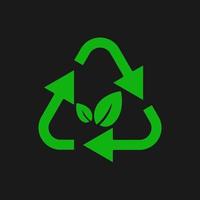 grüne Pfeile recyceln mit grünen Blättern, Öko-Symbol-Vektor-Illustration auf schwarzem Hintergrund isoliert.