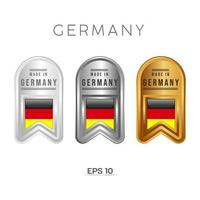 Made in Germany Etikett, Stempel, Abzeichen oder Logo. mit der Nationalflagge von Deutschland. auf Platin-, Gold- und Silberfarben. Premium- und Luxusemblem vektor