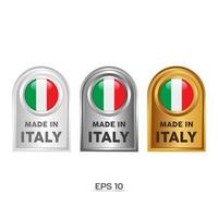 tillverkad i Italien etikett, stämpel, märke eller logotyp. med Italiens nationella flagga. på platina, guld och silverfärger. premium- och lyxemblem vektor