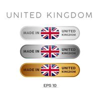 tillverkad i United Kindom-etikett, stämpel, märke eller logotyp. med den nationella flaggan för Storbritannien, Storbritannien, Storbritannien. på platina, guld och silverfärger. premium- och lyxemblem vektor