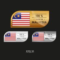 tillverkad i malaysia etikett, stämpel, märke eller logotyp. med malaysias nationella flagga. på platina, guld och silverfärger. premium- och lyxemblem vektor