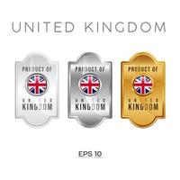 Made in United Kindom Label, Stempel, Abzeichen oder Logo. mit der nationalflagge von uk, großbritannien, briten. auf Platin-, Gold- und Silberfarben. Premium- und Luxusemblem vektor