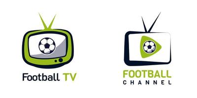 fotboll fotboll tv-kanal logotyp. med tv-, lek- och bollsymbol. på mörkblå och grön färg. premium och lyx isolerad design vektor