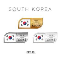 Hergestellt in Südkorea Etikett, Stempel, Abzeichen oder Logo. mit der Nationalflagge von Südkorea. auf Platin-, Gold- und Silberfarben. Premium- und Luxusemblem vektor