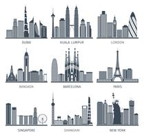 City skyline black icons set vektor