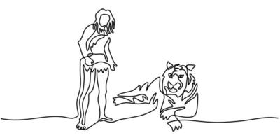 durchgehende einzeilige Zeichnung von Tarzan und großem Tiger vektor