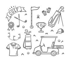 Golfausrüstung und Golfer im Doodle-Stil. Schläger, Tasche und Golfwagen. handgezeichnete Vektorillustration vektor