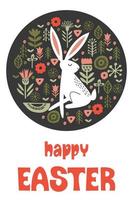 glad påsk. vit hare i ett cirkulärt blommönster. vektor illustration på en mörk bakgrund. gratulationskort.