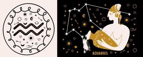 Horoskop und Astrologie. das Sternzeichen Wassermann. Schwarz und Gold. Vektor-Illustration in einem flachen Stil.