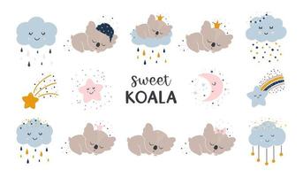 Kindervektorset mit süßen schlafenden Tieren. Koala, Sterne, Wolken mit Tropfen und der Mond. Vektor lustiges Tier zum Ausdrucken für Kinder s. Kreative Kinderdrucke auf Stoffen Textilien Tapeten.