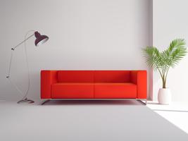 Röd soffa med lampa och palm