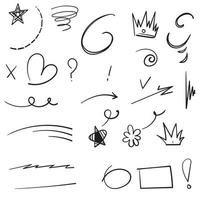 Sammlung von Doodle-Swishes, Swoops, Hervorhebungs-Doodles. Textelemente hervorheben, Kalligraphiewirbel, Schwanz, Blume, Herz, Graffiti-Krone vektor