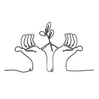 durchgehende Strichzeichnung. Hände Handflächen zusammen mit dem Doodle-Handzeichnungsstil der Wachstumspflanze vektor