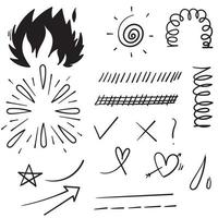 Doodle-Set-Elemente, schwarz auf weißem Hintergrund. Pfeil, Herz, Liebe, Stern, Blatt, Sonne, Licht, Häkchen, Swoops, Swoops, Betonung, Wirbel, Herz-Cartoon-Stil vektor