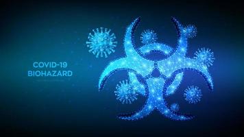 Biohazard-Symbol und Viruszellen. Ausbruch des Coronavirus 2019-ncov. Covid-19-Pandemiekonzept. niedrige polygonale abstrakte Biogefahr, Epidemie, Viruswarnung, Infektion, Quarantäne, Zeichen. Vektor-Illustration. vektor