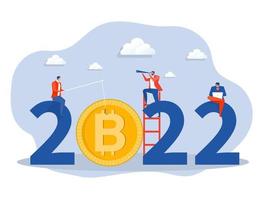 Geschäftsmann, der Bitcoin 2022 fischt, Kryptowährungstrends des neuen Jahres, digitales Geld und Blockchain-Technologievektor vektor