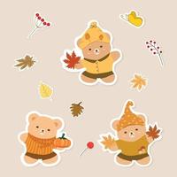 Vektor - niedlicher Teddybär mit Kürbis- und Ahornblättern. Herbst, Herbstsaison. Clip Art. kann verwendet werden, um jede Karte, jedes Web, jeden Druck, jedes Papier, jeden Aufkleber zu dekorieren.