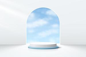 weißes und blaues realistisches Zylinderpodestpodest mit wolkenblauem Himmel in der Bogentür. Vektor abstrakter Studioraum mit geometrischer 3D-Plattform. minimale Szene für Produktpräsentation, Werbeanzeige.