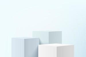Weißes und blaues realistisches 3D-Stufen-Würfelstand-Podium mit Schatten und Beleuchtung. Vektor abstrakter Studioraum mit geometrischem Plattformdesign. minimale Szene für Produktpräsentation, Werbeanzeige.