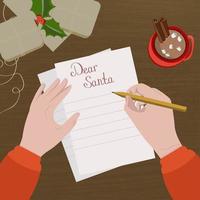 Wunschzettel. Mensch schreibt Brief an den Weihnachtsmann. das Konzept des ökologischen, natürlichen neuen Jahres vektor