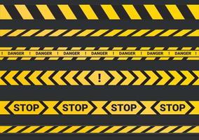uppmärksamhet stopp fara tejp linje i gult och svart. vektorillustration av randiga gula linjer som indikerar fara, utredningsplats, barrikad eller olyckor. vektor