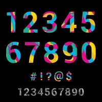 pappersklippta siffror och symboler. realistisk 3d flerlagers pappersklippseffekt. siffror av alfabetet teckensnitt. flytande bläck flytande effekt i levande färger. färgglada nummer isolerade mot en mörk bakgrund. vektor