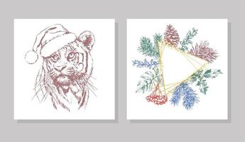 tiger i julhatt. tryck på ett vykort eller affisch. vektor illustration. semesterkort. nyår och jul. jultomten.