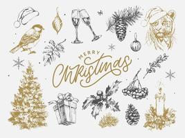 julset 2022 nyår och julsymboler, julgran, tiger, tomte, kotte, kanel, glasögon, ljus, leksaker, presenter, skiss illustrations.vector. vektor