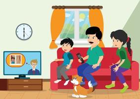 Vektor-Illustration der glücklichen Familie sieht fern. zu Hause bleiben vektor