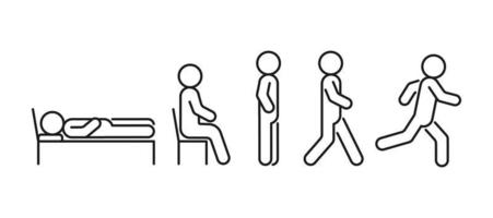 Menschensymbol in unterschiedlicher Haltung, menschliche verschiedene Aktionsposen. liegen, stehen, sitzen, gehen, laufen. vektorlinie illustration vektor