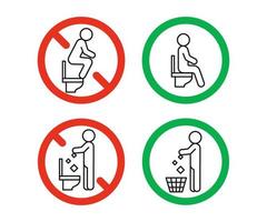 Regel Müll im Korb, aber nicht in der Toilettenschüssel entfernen, auf der Sitztoilette sitzen, aber nicht stehen, Verbotswarnschild. werfen Sie keinen Müll in die Toilette. kann Müll in den Mülleimer werfen. Vektor-Illustration vektor