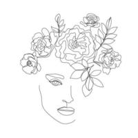 Vektorfrauengesichtslinie Kunstillustration, Logo mit Blumen und Blättern, weibliches Naturkonzept. Verwendung für Drucke, Tattoos, Poster, Textilien, Logos, Karten etc. monoline, durchgehende Linie. vektor
