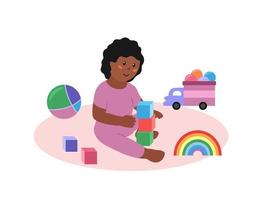 flicka sitter och spelar leksaker isolerade. glad afrikansk amerikansk småbarnsbarn med kuber, bil, boll och andra färgglada leksaker. platt vektor illustration