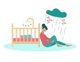 förlossningsdepression. deprimerad mamma sitter nära spjälsäng. ledsen trött kvinna under moln och regn. platt vektor illustration