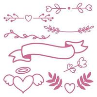 romantische Dekorelemente zum Dekorieren von Postkarten und Websites, Elemente zum Erstellen von Textstempeln und Mustern, Valentinstag im handgezeichneten Doodle-Stil. vektor