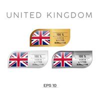 tillverkad i United Kindom-etikett, stämpel, märke eller logotyp. med den nationella flaggan för Storbritannien, Storbritannien, Storbritannien. på platina, guld och silverfärger. premium- och lyxemblem vektor