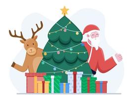 frohe weihnachten-illustration mit süßem weihnachtsmann, hirsch, weihnachtsbaum und weihnachtsgeschenken. kann für Grußkarten, Poster, Einladungen, Banner, Web, Print usw. verwendet werden. vektor