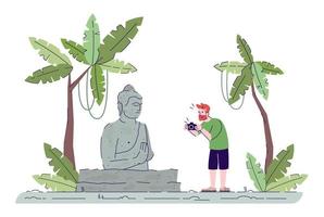 Mann fotografiert Denkmal flache Doodle Illustration. Kerl, der Foto von Buddha-Statue im tropischen Wald macht. buddhistischer Tempel. Indonesien Tourismus 2D-Cartoon-Figur mit Umriss für die kommerzielle Nutzung vektor