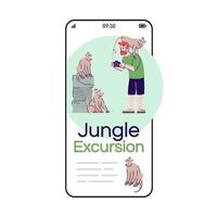 Dschungelausflug Cartoon Smartphone-Vektor-App-Bildschirm. Affenwald auf Bali. Indonesien tourismus. Handy-Display mit flachem Charakter-Design-Mockup. Anwendung Telefon süße Schnittstelle vektor