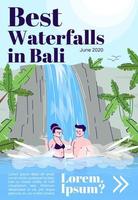 Beste Wasserfälle in Bali Magazin-Cover-Vorlage. Touristen im Pool. Indonesien tourismus. Journal-Mockup-Design. Vektorseitenlayout mit flachem Charakter. Werbung Cartoon Illustration mit Textraum vektor