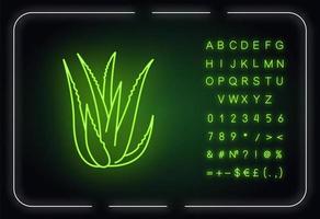 Aloe Vera Neonlicht-Symbol. saftige Sprossen. Heilkraut zur Hautpflege. dekorative Pflanze. äußerer Leuchteffekt. Schild mit Alphabet, Zahlen und Symbolen. Vektor isolierte RGB-Farbillustration