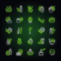 Aloe Vera Neonlichtsymbole gesetzt. Naturkosmetik. Heilkräuter. gesunde Hautpflegeprodukte. Feuchtigkeitscreme, Gesichtsmaske. Schilder mit äußerem Leuchteffekt. vektor isoliert rgb farbillustrationen