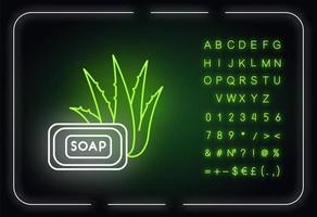 aloe vera tvål neonljusikon. ekologisk badprodukt. naturlig kosmetika för personlig hygien. yttre glödande effekt. tecken med alfabet, siffror och symboler. vektor isolerade rgb färg illustration