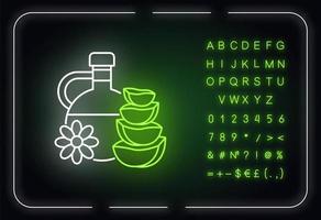 Symbol für natürliches Öl-Neonlicht. pflanzliche Essenz. Blütenflüssigkeit für die Hautpflege. Aloe-Vera-Saft. äußerer Leuchteffekt. Schild mit Alphabet, Zahlen und Symbolen. Vektor isolierte RGB-Farbillustration